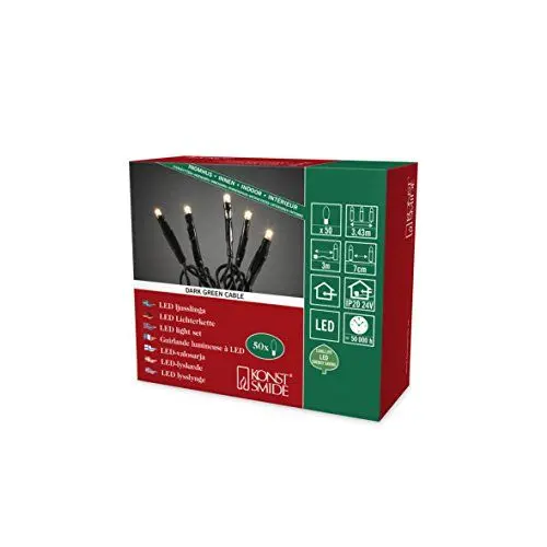 Produktbild: Konstsmide Micro LED Lichterkette, 50 warm weiße Dioden, 24V Innentrafo, dunkelgrünes Kabel - 6353-120