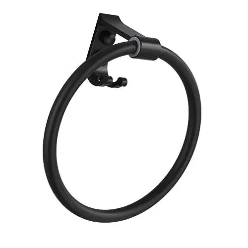 Produktbild: KONTONTY Badetuchhalter Aus Aluminium Mit Haken Runder Handtuchring Badezimmerzubehör Schwarz Installieren Langlebig Und Korrosionsbeständig