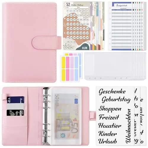 Produktbild: KONVINIT Budget Planner Deutsch,A6 Sparchallenge Budgetplaner,Budget binder mit 8 Sparchallenges 1€ | 2€ | 5€ | 10€ | 1000€| 52 Wochen Finanzplaner Haushaltsbuch Geld organizer,rosa
