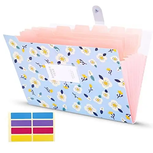 Produktbild: KONVINIT Fächermappe A4, Dokumentenmappe 8 Tasche,PP Floral Bedruckt Akkordeon Dokument Ordner mit Druckknopf,Mappen Ordnersystem Document Organizer,blau
