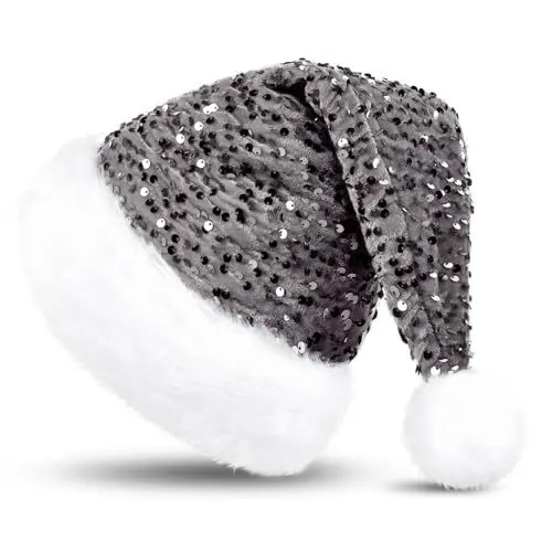 Produktbild: KONVINIT Grau Weihnachtsmütze Erwachsene Nikolausmütze Weihnachtsmann Mütze Santa Claus Mütze mit Glitzer Pailletten und Plüsch Rand für Festliche Weihnachtsfeier Tannenbaum,grau