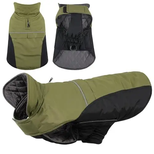 Produktbild: KONVINIT Hundemantel Winter Warm Hundejacke Wasserdicht Wintermantel für Kleine/Mittelgroße Hunde Winddichte Winterjacke für Hunde mit Reflexstreifen und Bauchschutz,Olive XXL