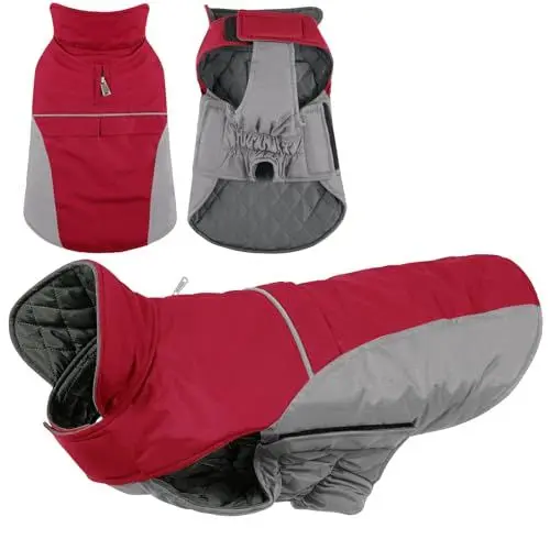 Produktbild: KONVINIT Hundemantel Winter Warm Hundejacke Wasserdicht Wintermantel für Kleine/Mittelgroße Hunde Winddichte Winterjacke für Hunde mit Reflexstreifen und Bauchschutz,red M