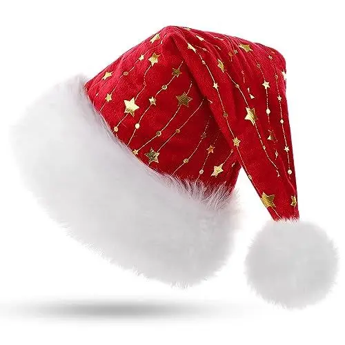 Produktbild: KONVINIT Plüsch Weihnachtsmütze Erwachsene Nikolausmütze mit goldener Stern und Doppelfütterung Rot Santa Claus Mütze für Herren und Damen,Nikolaus Kostüm Zubehör,rot