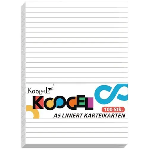 Produktbild: Koogel 100 Stück Linierte Karteikarten, Weiß Karteikarten 14,8 x 21 cm Notizkarten Lernkarten Schule Lernen Büro Spielkarten