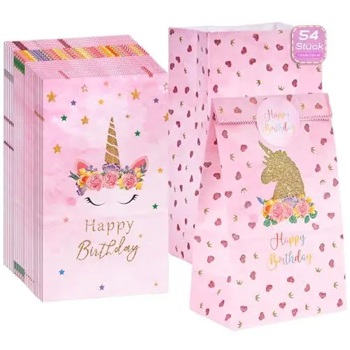Produktbild: Koogel 54 Stück Geschenktüten papiertüten mit Aufkleber, 4 Stile Party-Geschenktüte Kraftpapier tüten für Mädchen Kinder Jungen