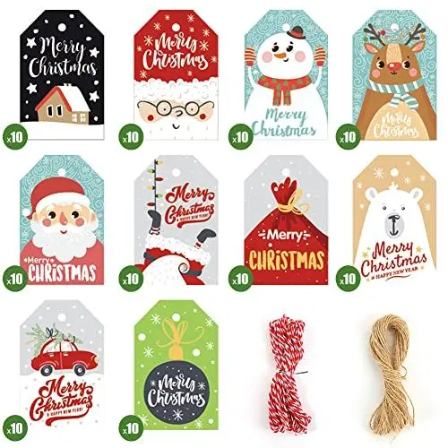 Produktbild: Koogel Geschenkanhänger für Weihnachten, 100 Stück 10 Verschiedene Designs Geschenkanhänger Etiketten mit 20M Schnuren für Weihnachten Dekoration 7 x 4.5cm