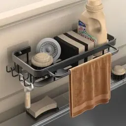Produktbild: Koolkasa Spülbecken Organizer Küche Schwammhalter - Küchen Spüle Organizer mit Spültuchhalter und Zwei Haken，Metalle Hängender Küchenorganizer Badezimmer Organizer- Ohne Bohren (Schwarz)