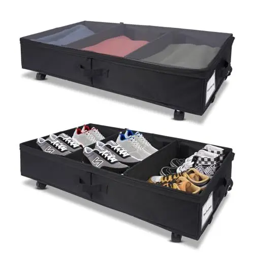Produktbild: Koolkasa Unterbett Aufbewahrungsbox mit Rollen- 2 Stück Unterbettkommode mit Deckel, Metalle Unterbett Aufbewahrung Organizer mit Klarem Fenster für Bettdecken Kleidung Decken Schuhe（Schwarze）