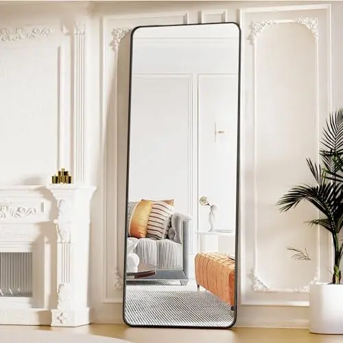 Produktbild: Koonmi Standspiegel mit abgerundeten Ecken, 53 x 163 cm runden Ecken Ganzkörperspiegel mit Ständer, großer Fußboden Standspiegel Ganzkörperspiegel Wand Hänger für Schlafzimmer, Wohnzimmer, Schwarz
