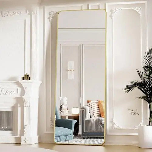 Produktbild: Koonmi Standspiegel mit abgerundeten Ecken, 53 x 163 cm runden Ecken Ganzkörperspiegel mit Ständer, großer Fußboden Standspiegel Ganzkörperspiegel Wand Hänger für Schlafzimmer, Wohnzimmer, Gold