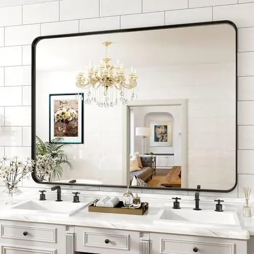 Produktbild: Koonmi Tiefer Rahmen Wandspiegel, 122 x 75 cm Luxus High-End Rechteckiger Badezimmerspiegel, Filetierte Ecke Rahmen Spiegel Horizontal Oder Vertikal Aufgehängt, Schwarz