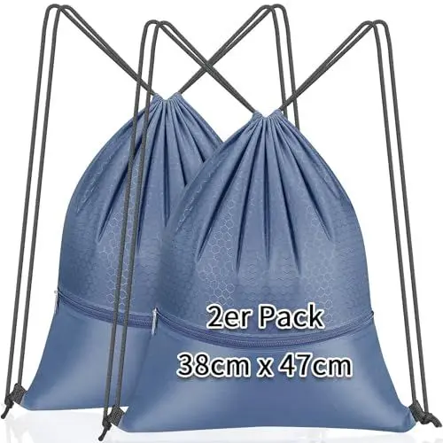 Produktbild: KOOOGEAR 2 Stück Turnbeutel 38 x 47 cm, Kordelzug Sportbeutel, Turnbeutel mit Reissverschluss für Gym Fitness Schulturnhalle Reisen Schwimmen Strandurlaub Damen und Herren
