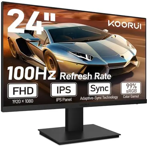 Produktbild: KOORUI 24 Zoll Monitor mit Lautsprecher, Rahmenlos Bildschirm, IPS PC Monitor, FHD 1080P, HDMI 1.4 (100Hz) & VGA(60Hz), VESA 75 x 75 mm,Adaptive Sync, Eye Care