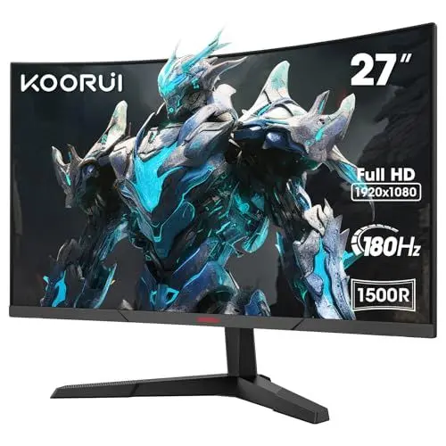Produktbild: KOORUI 27 Zoll Curved Gaming Monitor, FHD 1080p, 1ms Reaktionszeit,180Hz Bildwiederholraten, HDMI 2.0/DP 1.2, 250cd/m² Helligkeit, Schwarz 27E6CA