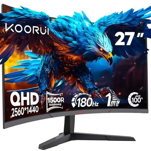 Produktbild: KOORUI 27 Zoll Gaming Monitor,2K QHD 1440P Bildschirm,180Hz 1ms (GTG) Curved Display,1500R PC Gamer,Adaptive Sync,HDR,Blendschutz,2xHDMI &DP VESA