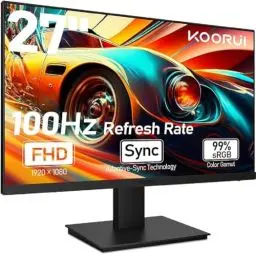 Produktbild: KOORUI 27 Zoll Gaming Monitor mit integrierten Lautsprechern, 100Hz, 1080p Bildschirm Aufhängbar, Rahmenlos, HDMI, Neigungsverstellbar, Augenpflege, VESA-Wandmontage Schwarz