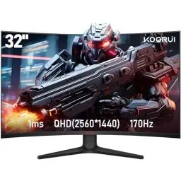 Produktbild: KOORUI 32 Zoll Curved Ultrawide Gaming Monitor, 2K QHD(2560x1440), 170Hz, 1ms, 1500R, VA, HDR 10, 2xHDMI (170Hz or 144Hz), DP (170Hz), AdaptiveSync, DCI-P3 90%, SRGB100%, VESA 75x75mm, Augenpflege