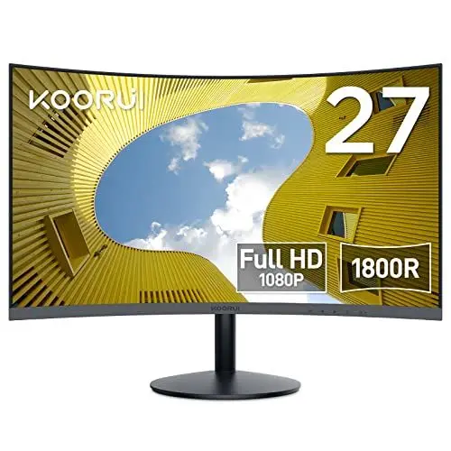 Produktbild: KOORUI Curved Monitor - 27 Zoll FHD Curved Computer Monitor, VA-Panel, 75Hz, Krümmung 1800R, Neigungsverstellung, Augenpflege, HDMI, VGA Gaming Monitor, Schwarz