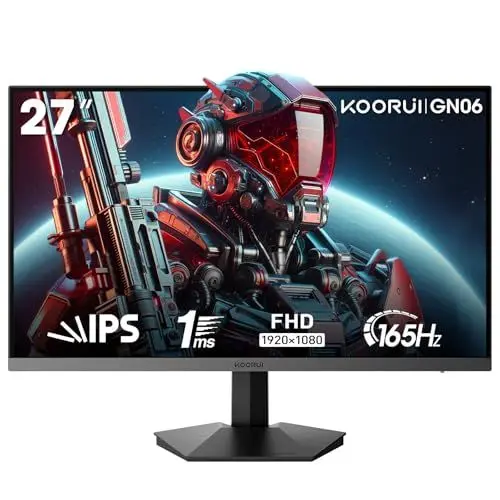 Produktbild: KOORUI Gaming Monitor 27 Zoll, 165Hz, FHD(1920×1080), IPS, 1ms GTG, Adaptive Sync,75 * 75mm VESA Kompatibel, DCI-P3 90% (HDMI, DisplayPort) Schwarz