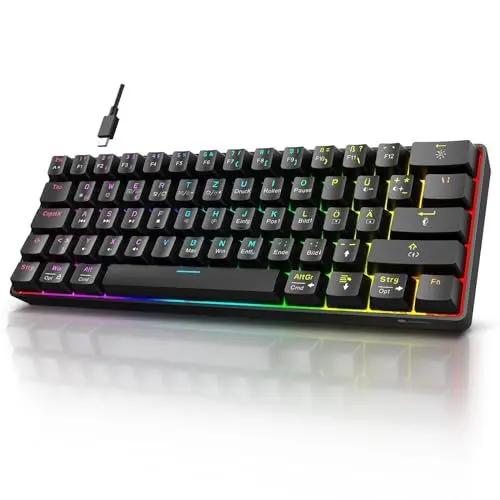 Produktbild: KOORUI Gaming Tastatur, 60% Mechanisch Tastatur 26 RGB Hinterleuchtet Kabelgebunden Deutsches Layout QWERTZ Gaming Keyboard für Windows MacOS Linux-Rotem Schalter