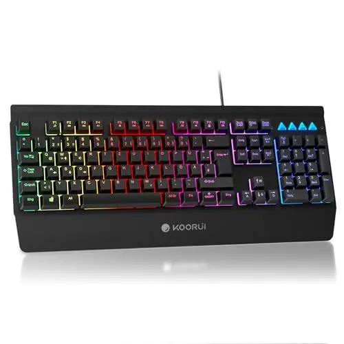 Produktbild: KOORUI Gaming Tastatur, Deutsches QWERTZ-Layout mit Handballenauflage Ghosting Schutz Tastaturen USB Kabel 12 Multi Media Tasten für Windows MacOS Linux -Schwarz
