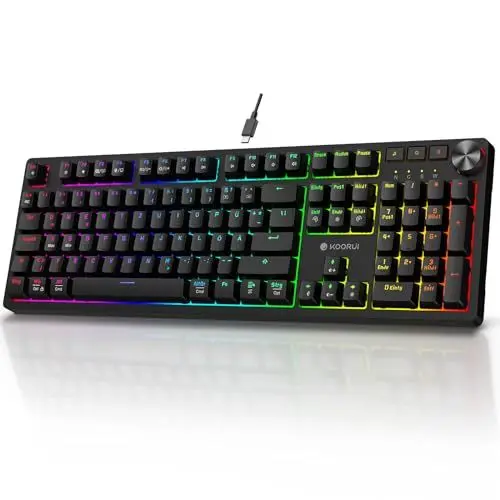 Produktbild: KOORUI Gaming Tastatur, Mechanisch Tastatur QWERTZ Deutsches Layout 104 Tasten 26 RGB Hinterleuchtet Kabelgebunden Gaming Keyboard für Windows MacOS Linux-Rotem Schalter