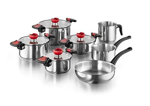 Produktbild: KOPF Kochtopf-Set Nelo 11-teilig aus Edelstahl I Induktions Töpfe Set mit Deckel, intelligenter Abgießhilfe & integrierter Siebfunktion I 4 Töpfe mit Glasdeckel + Pfanne, Stielkasserolle & Milchtopf