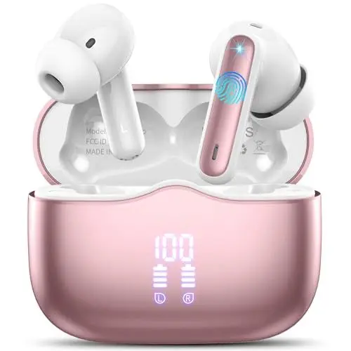 Produktbild: Kopfhörer Kabellos Bluetooth 5.4, Bluetooth Kopfhörer mit 4 ENC Lärmreduzierung Mics, 40Std In Ear Kopfhörer Bluetooth Tiefer Bass LED-Anzeige IP7 Wasserdicht Sport Ohrhörer Touch Control Roségold