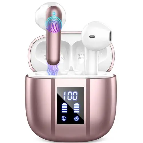 Produktbild: Kopfhörer Kabellos Bluetooth, In Ear Kopfhörer Bluetooth, Noise Cancelling, IP7 Wasserdicht Wireless Kopfhörer mit Mikrofon, 48H Immersiver Deep Bass Earbuds, Digitale LED-Anzeige Ohrhörer(Roségold)