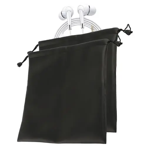 Produktbild: Kopfhörer-Tragetasche, tragbar, universal, PU-Leder, Kordelzug, Headset-Schutztasche, Kopfhörer, Reisetasche, Mini-Tasche mit Kordelzug für Kopfhörer, Münzen, Schlüssel, Schmuck (Größe: 2 Stück)