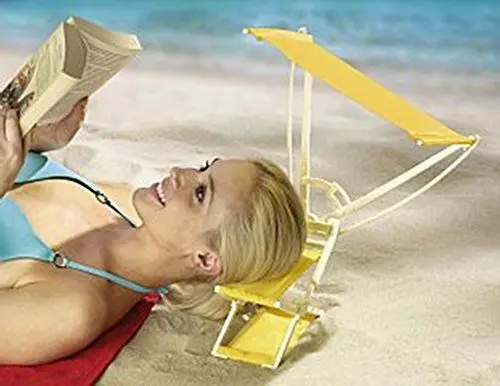 Produktbild: Kopfliege SUNNYBOY mit Sonnendach - Kopfstütze - Strand - Sonnenliege - Sonnenschutz - Sonnenschirm - Strandstuhl - Strandschutz - Strandschirm - Sonnenbrand - Sonnenblende - gelb - inkl. Tragetasche