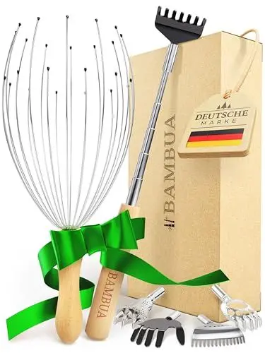 Produktbild: BAMBUA Kopfmassage Spinne & Rückenkratzer Set für nachhaltige Entspannung - 100% All-Inclusive Geschenkset inkl. 2x Schleifen - Kleine Geschenke für Männer, Geschenke für Frauen, Weihnachtsgeschenke