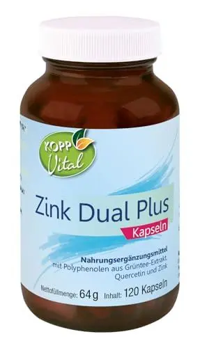 Produktbild: KOPP Vital® Zink Dual Plus Kapseln | 64 g | 1 x 120 Kapseln | Vegan | mit Grüntee-Extrakt | Glutenfrei | Laktosefrei | Apothekenqualität