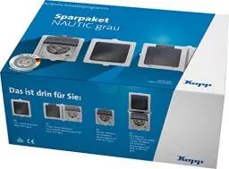 Produktbild: Kopp NAUTIC Spar-Pack in Grau - 2x Aus-Wechselschalter - 3x 1-fach Aufputz-Steckdose mit erhöhtem Berührungsschutz - 1x 2-fach Schutzkontakt-Steckdose - 1x Schalter-Steckdose-Feuchtraum-Kombination