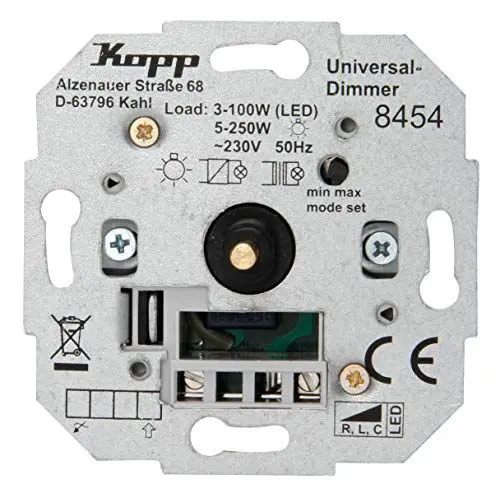 Produktbild: Kopp Universal Dreh-Aus Dimmer Sockel, für LED, Phasenan- und Phasenabschitt. LED 3-100 Watt, Glühlampen 10-250 W, 845400188
