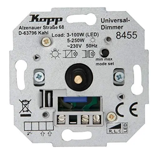 Produktbild: Kopp Universal Druckwechsel-Dimmer Sockel, für LED, Phasenan- und Phasenabschitt, LED 3-100 Watt, Glühlampen 10-250 W, 845500181