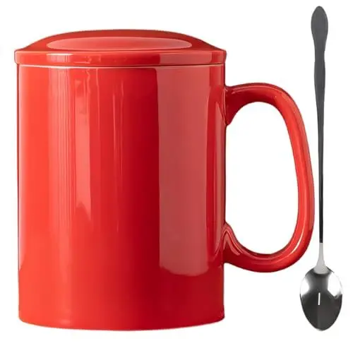 Produktbild: KOPYFANTAP Große Tasse 1000ml, Jumbo Keramik Kaffeetasse mit Deckel und Löffel, Riesen Becher mit Großem Griff für Büro und Zuhause, Spülmaschinenfest, Rot
