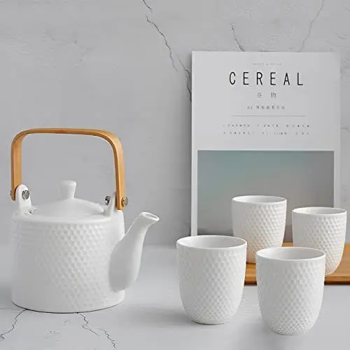Produktbild: KOPYFANTAP Teekanne Keramik Weiß, Japanisches Tee Set Vintage, Porzellan Teeservice mit Sieb 900ml mit 4 Teetassen 180ml für Losen Tee, Bambus Griff