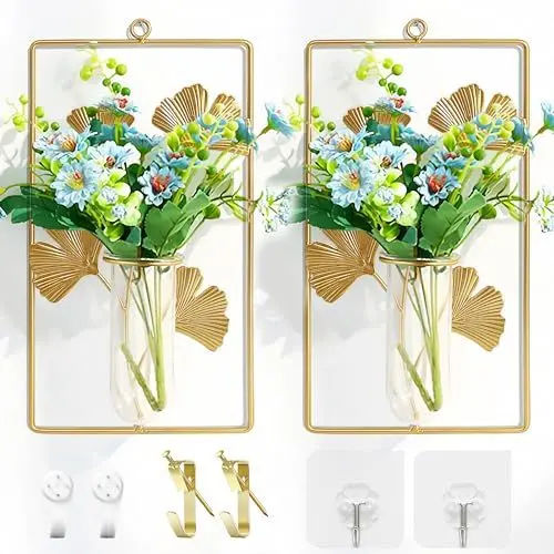 Produktbild: KOPYFANTAP Wandvase Golden, 2 Stück Gold Metall Moderne Wanddekoration mit Glas Reagenzglas Vase, Ginkgo Blattmuster Vase mit 6 Bilderhaken für Moderne Heimdekoration Gold Wanddeko