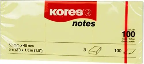 Produktbild: Kores - Gelbe Haftnotizen, Selbstklebender Notizblock, 50 x 40 mm, Packung mit 3 Blöcken à 100 Blatt