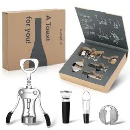 Produktbild: Korkenzieher Weinöffner Set, Beneno Weinzubehör-Geschenkset, Korkenzieher-Flaschenöffner mit Folienschneider, Wein-Vakuumverschluss, Weinbelüfter-Ausgießer, Das perfekte Geschenk von Weinliebhabern