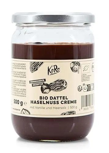 Produktbild: KoRo - Bio Dattel Haselnuss Creme 500 g - Mit Bourbon-Vanille - Mit Dattelsirup gesüßt - Ohne Palmöl - Vegan - Nur vier Zutaten