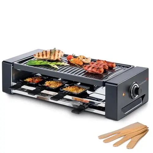 Produktbild: Korona 45070 Raclette für 8 Personen | 8 Pfannen & Spatel | Extra Pfannenablage | Mit antihaftbeschichteter Grillplatte | Langes 1,2 m Kabel | 1300 Watt, Schwarz