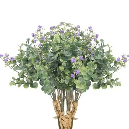 Produktbild: KOSHIFU 4 PCS Eukalyptuse Künstlich Pflanzen mit Lila Schleierkraut Kunstpflanzen Eukalyptus Zweige Plastikpflanzen Frühling Deko Vase Draußen Wohnzimmer Topf Balkon Garten Hochzeit