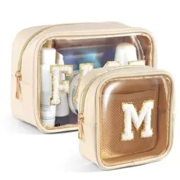 Produktbild: Kosmetiktasche Klein Glitzcharm 2 Pcs Kleine Make up Tasche Kosmetiktaschen für Frauen PU Leder Tragbare Schminktasche mit Reißverschluss Reise Make up Tasche für Handtasche, Beige