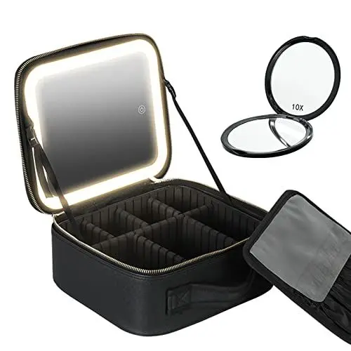 Produktbild: Kosmetiktasche mit Beleuchtetem Spiegel, Make Up Tasche, 3 Farbeinstellungen, Schminktasche mit verstellbaren Trennwänden, USB Wiederaufladbar, Reise Kosmetiktasche Damen mit Schminkspiegel
