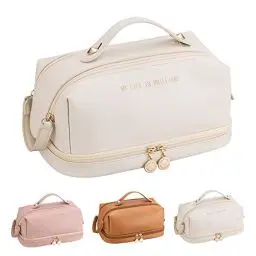 Produktbild: Kosmetiktasche mit großer Kapazität, doppellagig, Reise-Make-up-Tasche, PU, tragbar, wasserdicht, Kulturbeutel für Damen und Mädchen, weiß