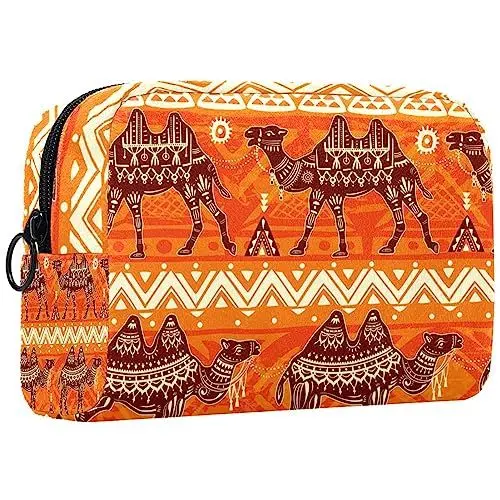 Produktbild: Kosmetiktasche,tragbare Reise-Make-up-Tasche für Damen,Retro Orange Camel Ethno,Kosmetikkoffer-Organizer mit Reißverschluss