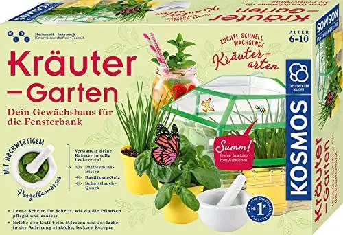 Produktbild: KOSMOS 632090 - Kräuter-Garten, Züchte duftende Kräuter auf der Fensterbank, Mit Gewächshaus und Mörser aus Porzellan, Experimentierkasten für Kinder ab 6 Jahre